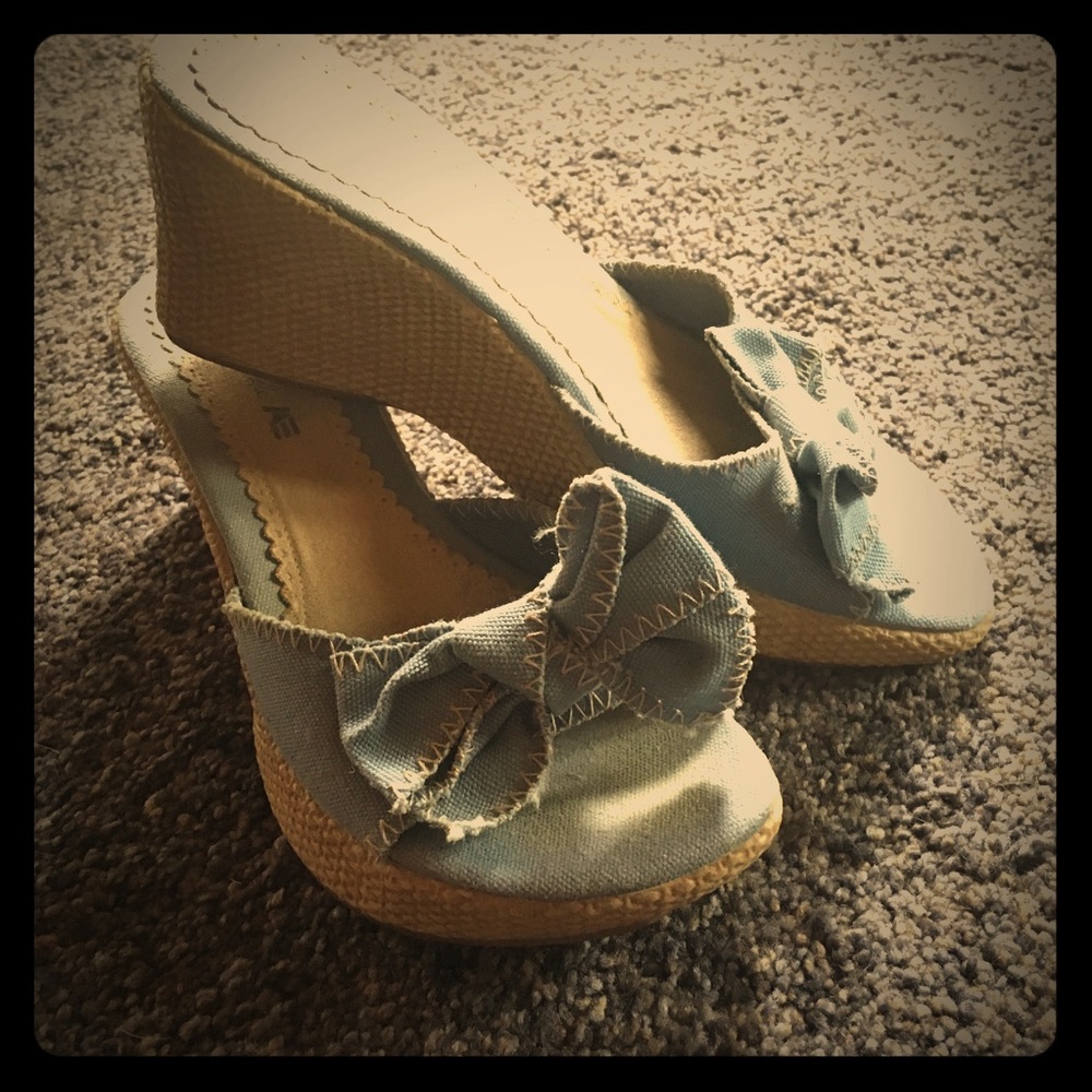 Denim Bow Wedge Sandals